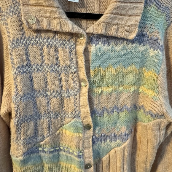 Vintage Pastel Grandma Hand Knit Geometric Striped Cardigan Button Up Sweater LG - Picture 12 of 16